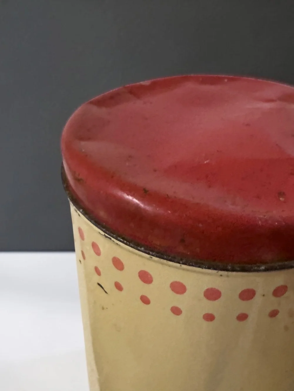 Vintage 1950s Tin Canister Set of 2 Cream Red Polka Dot Nesting Kitchen